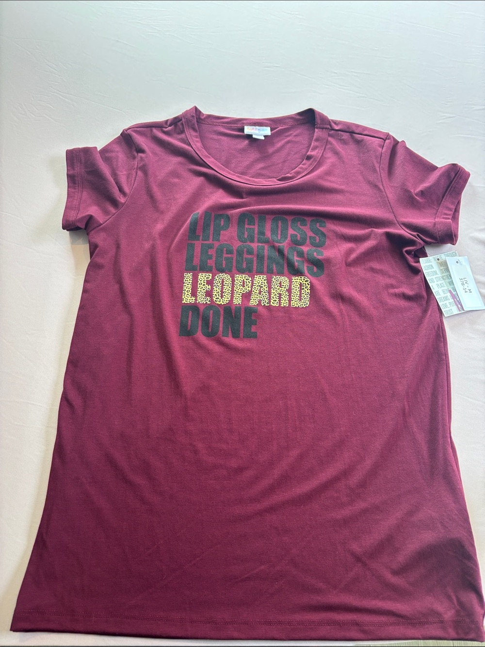 LuLaRoe Maroon Burgundy Graphic Tee with Leopard Accent